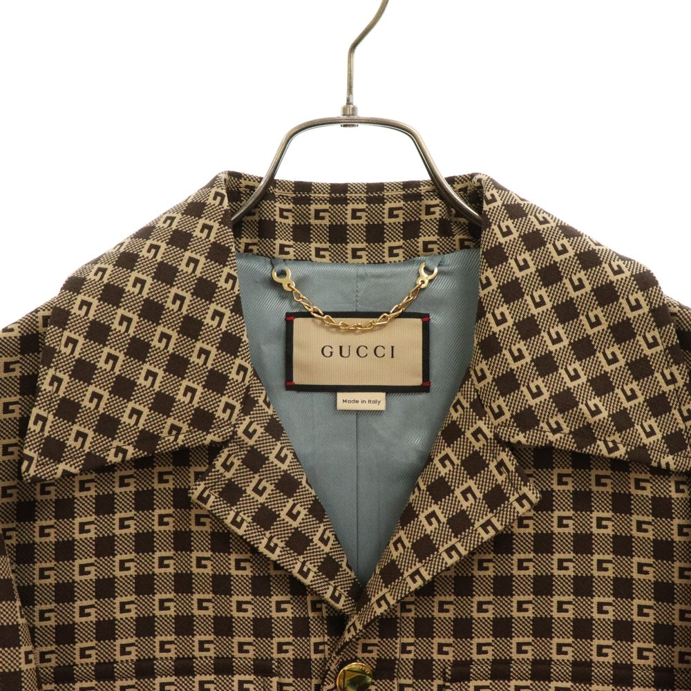 GUCCI(グッチ) Gロゴ 総柄 モノグラム 金ボタン ジャケット ブラウン シルク混 742801 ZAM7E