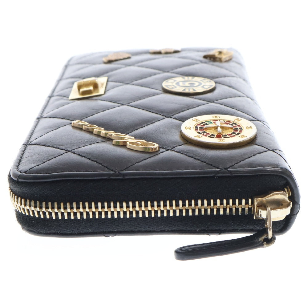 CHANEL(シャネル) ラウンドファスナー長財布 2.55 マトラッセ チャームエンブロイダリー ウォレット ブラック ラムスキン ブラック レディース A80445