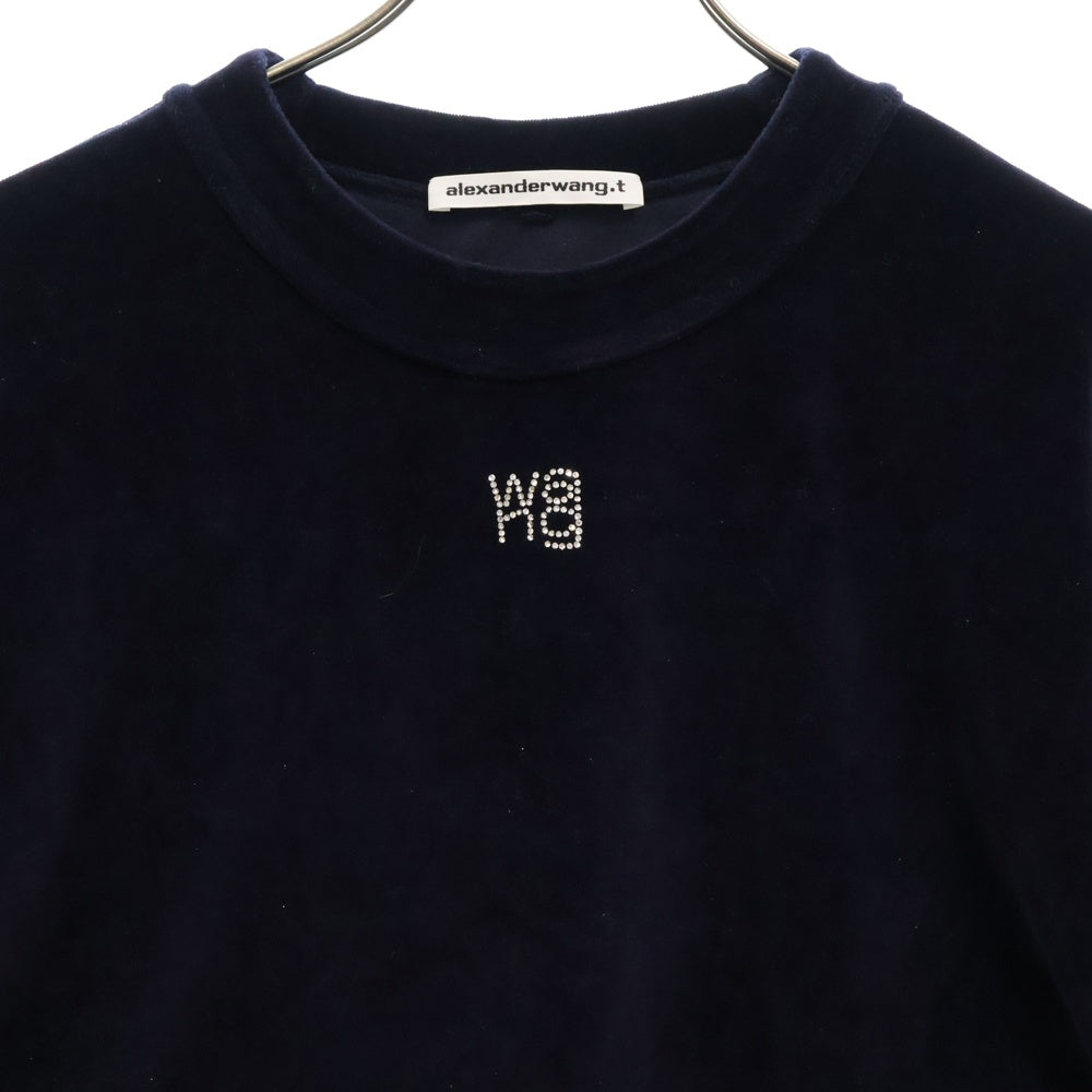 ALEXANDER WANG(アレキサンダーワン) Logo Crewneck Swaetshirt ラインストーン装飾 ベロアクルーネックスウェットトレーナー ネイビー レディース