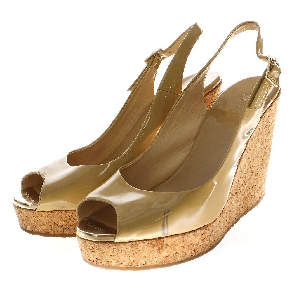 JIMMY CHOO(ジミーチュウ) パテントレザー メタルトゥ ウェッジソールサンダル ブラウン レディース