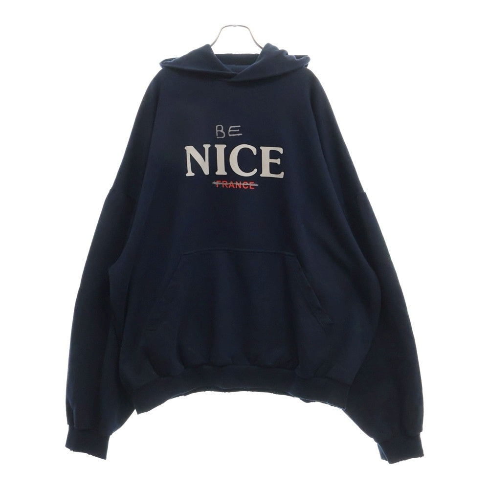 BALENCIAGA(バレンシアガ) Round Hoodie BE NICE ダメージ加工 プルオーバースウェットパーカー フーディー ネイビー 761458 TPVE5