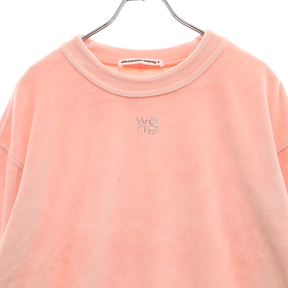 ALEXANDER WANG(アレキサンダーワン) Logo Crewneck Swaetshirt ラインストーン装飾 ベロアクルーネックスウェットトレーナー ピンク レディース