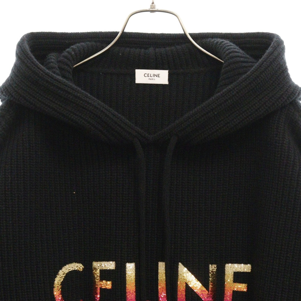 CELINE(セリーヌ) 22AW Hoodie スパンコール装飾 グラデーションロゴ プルオーバーウールニットパーカー フーディー 2A10X66Q ブラック