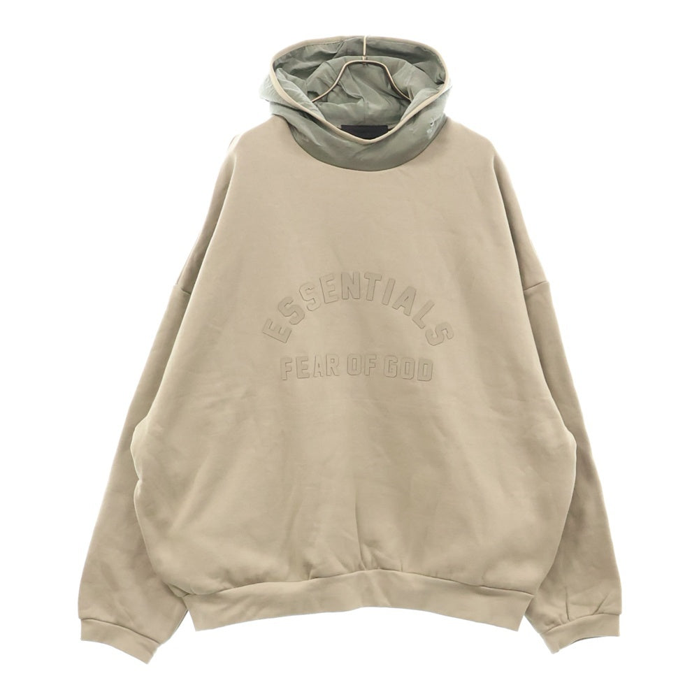 FEAR OF GOD ESSENTIALS(フィアオブゴッド エッセンシャルズ) HOODIE フロントラバーロゴ ナイロン切替 プルオーバースウェットパーカー フーディー ベージュ