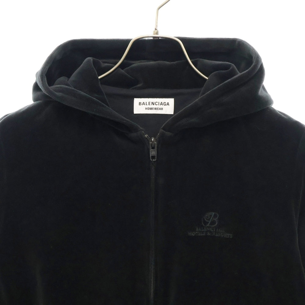 BALENCIAGA(バレンシアガ) Shrunk Zip Up Hoodie ロゴ刺繍 ジップアップベロアパーカー フーディー レディース ブラック 657854 TKQ12