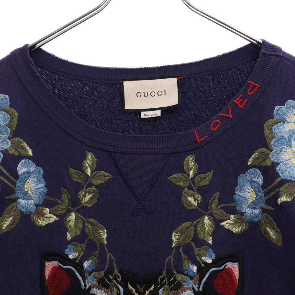 GUCCI(グッチ) Cat Pattern Embroidered 刺繍 クルーネックスウェットトレーナー ネイビー 475373 X9B11