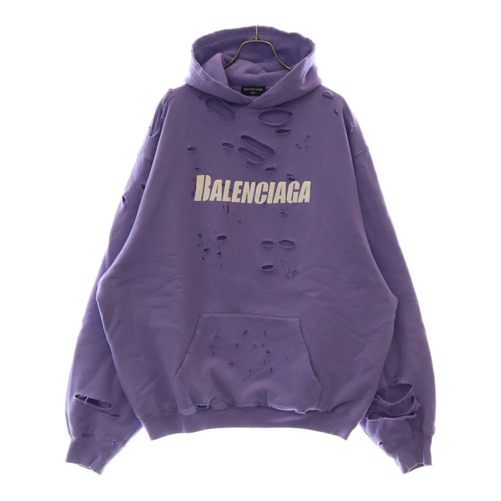 BALENCIAGA(バレンシアガ) 21SS Caps Destroyed Hoodie キャップス デストロイド フーディ プルオーバースウェットパーカー ダメージ加工 パープル 659403 TKVB6