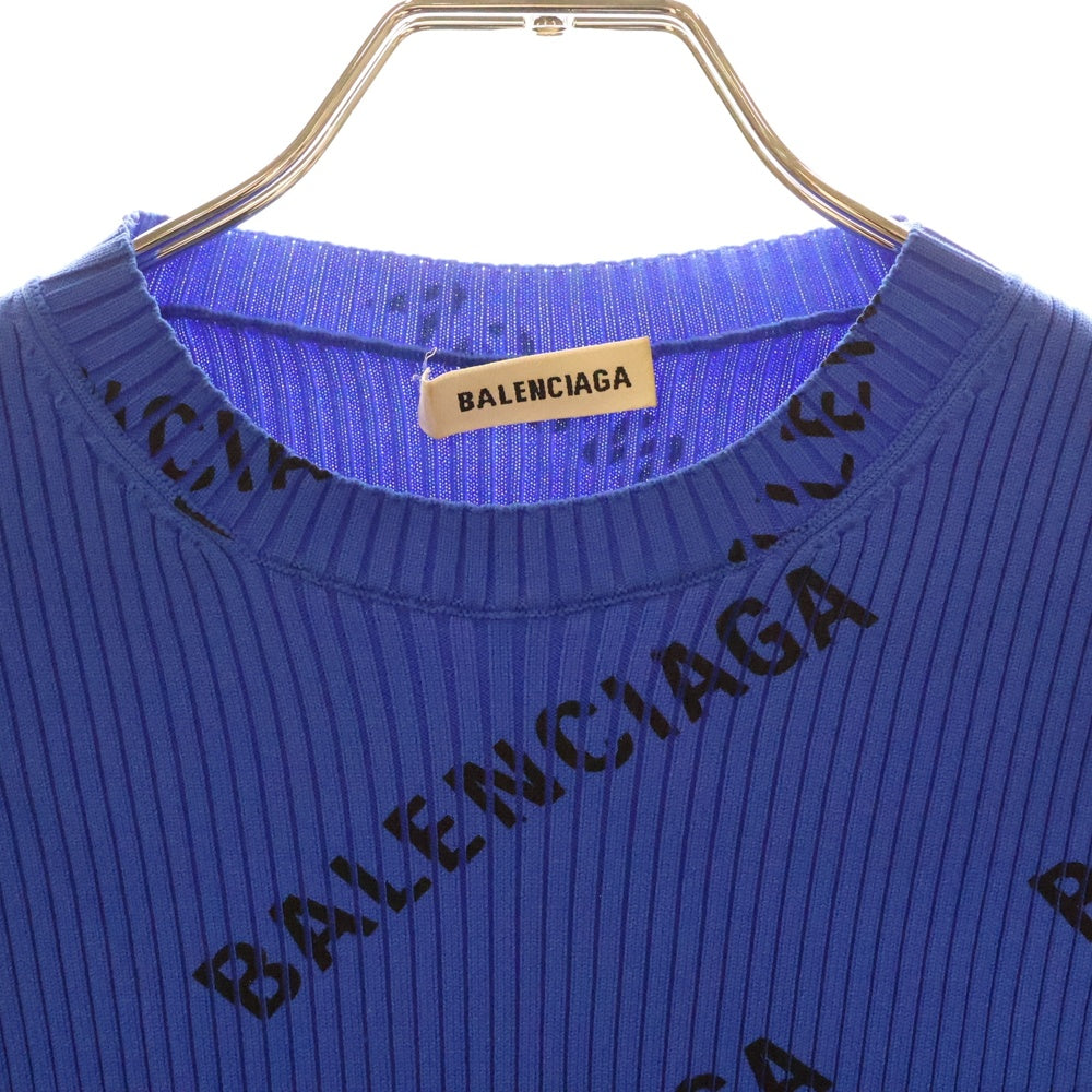 BALENCIAGA(バレンシアガ) 18AW All Over Logo Crewneck Sweater ロゴプリントリブニットセーター レディース 555321 ブルー