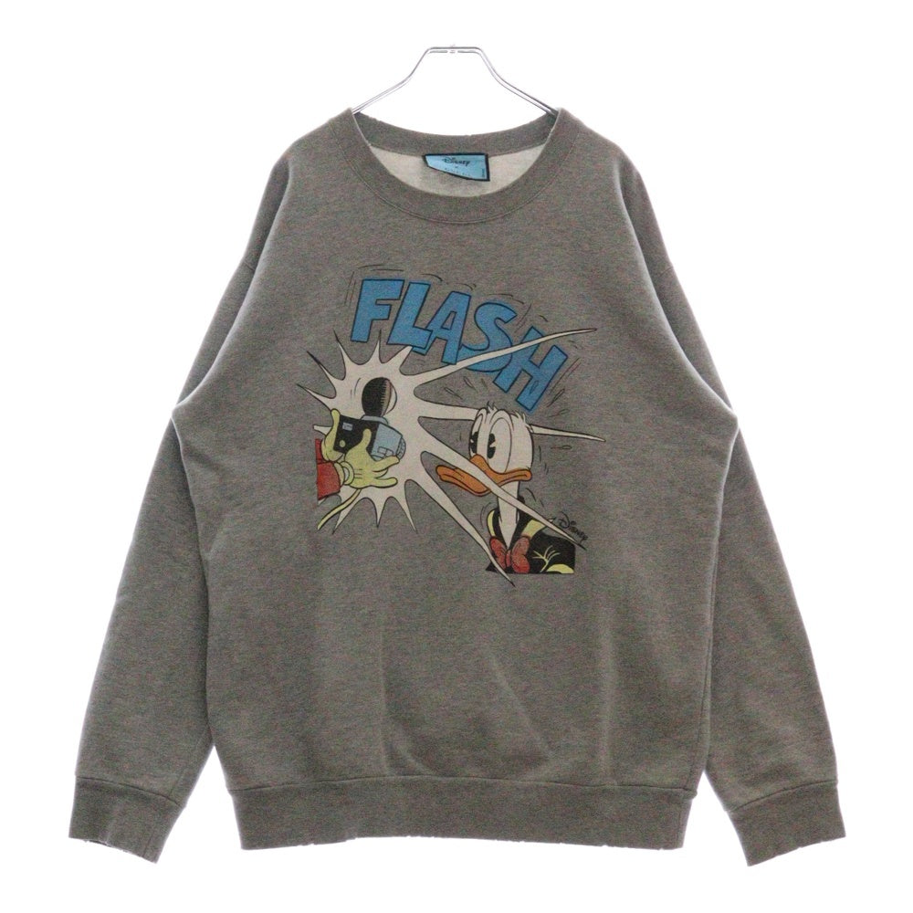 GUCCI(グッチ) ×Disney Donald Duck Sweatshirt ディズニー キャラクタープリント ダメージ加工クルーネックスウェットトレーナー グレー 623245 XJDAJ