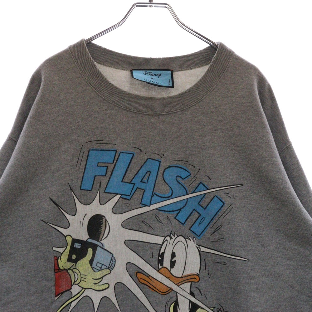 GUCCI(グッチ) ×Disney Donald Duck Sweatshirt ディズニー キャラクタープリント ダメージ加工クルーネックスウェットトレーナー グレー 623245 XJDAJ