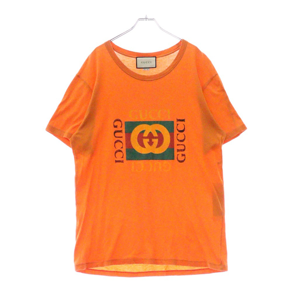 GUCCI(グッチ) グリッターロゴ ヴィンテージ加工 半袖Tシャツ オレンジ 493117 X3183