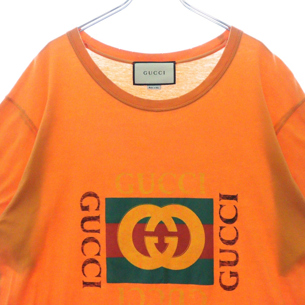 GUCCI(グッチ) グリッターロゴ ヴィンテージ加工 半袖Tシャツ オレンジ 493117 X3183