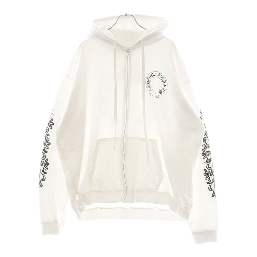 CHROME HEARTS(クロムハーツ) WTSHRT HD ZIP バックホースシュー 袖フローラルプリント ジップアップパーカー フーディー ホワイト