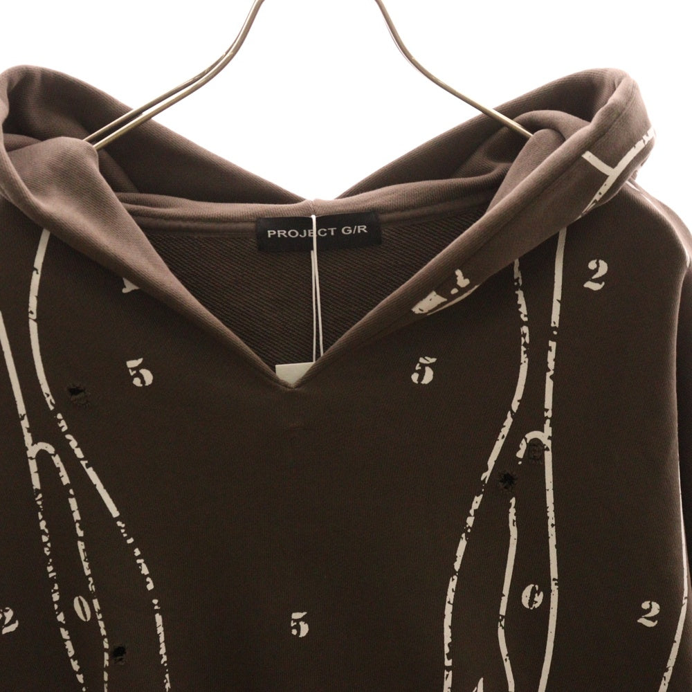 PROJECT G/R(プロジェクトジーアール) 24AW ZYGON HOODIE ダメージ加工プルオーバースウェットパーカー フーディー ブラウン
