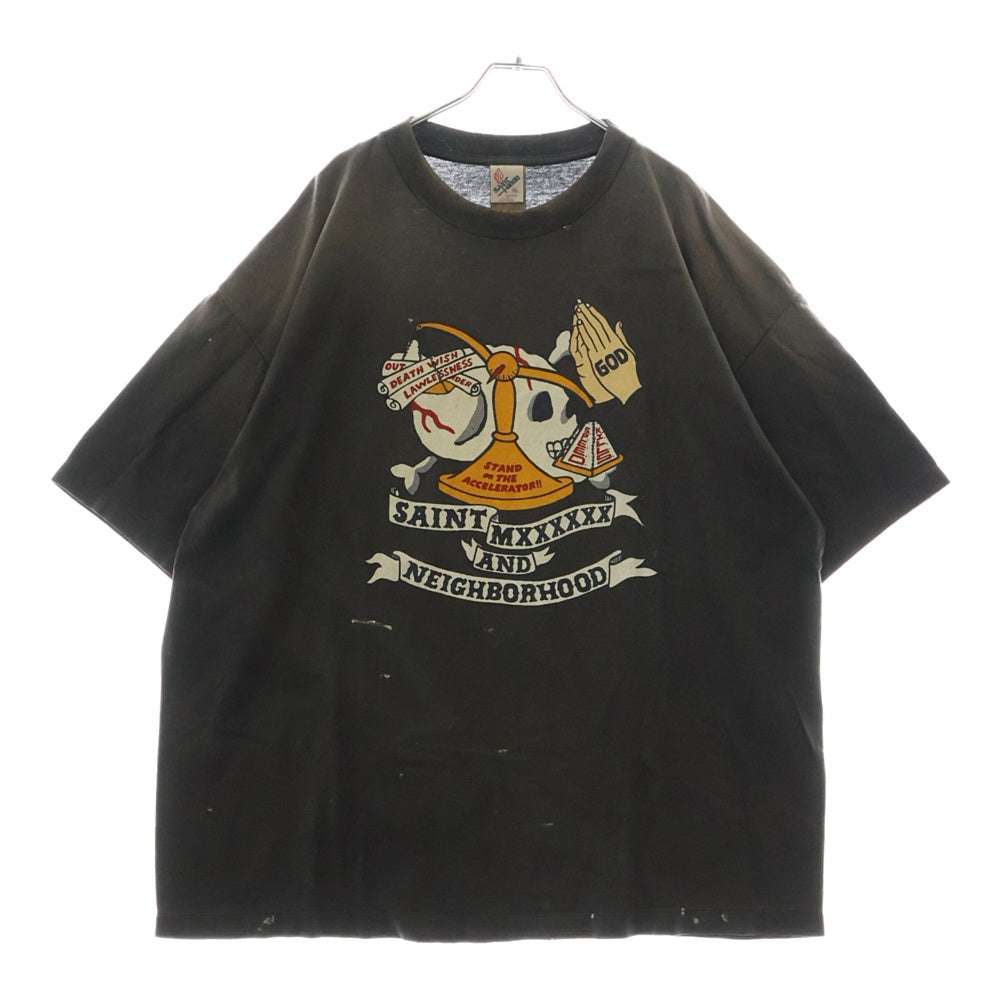 SAINT MICHAEL(セントマイケル) 25SS ×NEIGHBORHOOD SS TEE PRAY ネイバーフッド ダメージ加工半袖Tシャツ グレー SM-HR8-0000-C68