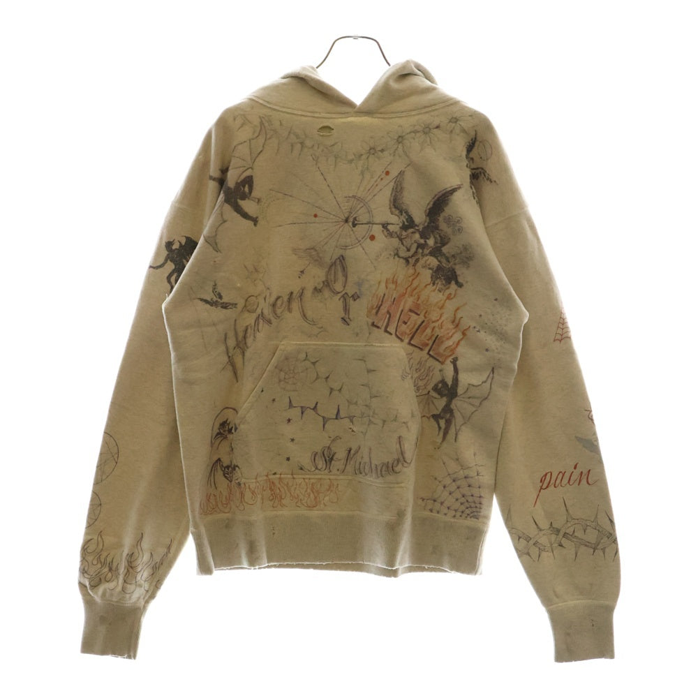 SAINT MICHAEL(セントマイケル) 21AW HOODIE DR.WOO ドクターウー グラフィック ダメージ加工プルオーバースウェットパーカー フーディー アイボリー SM-A21-0000-056