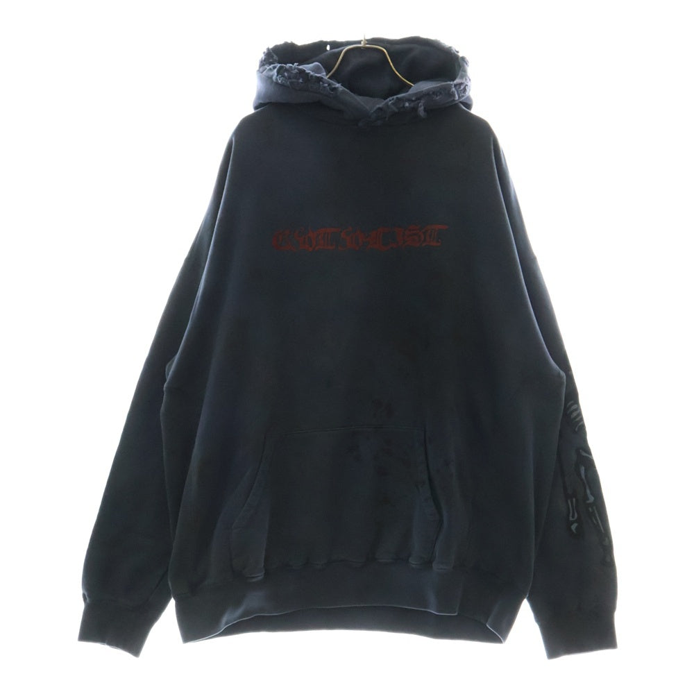 cvtvlist(カタリスト) BACK IRON CROSS × SKULL SLEEVE POP UP限定ロゴプリントダメージ加工オーバーサイズフーディー パーカー ネイビー