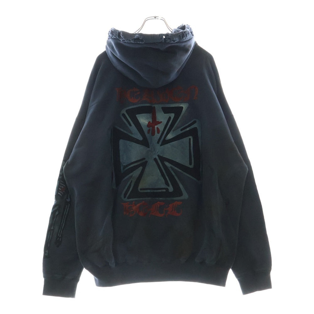 cvtvlist(カタリスト) BACK IRON CROSS × SKULL SLEEVE POP UP限定ロゴプリントダメージ加工オーバーサイズフーディー パーカー ネイビー