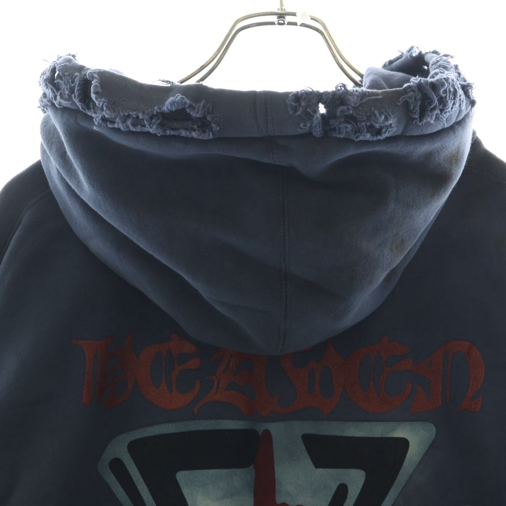 cvtvlist(カタリスト) BACK IRON CROSS × SKULL SLEEVE POP UP限定ロゴプリントダメージ加工オーバーサイズフーディー パーカー ネイビー
