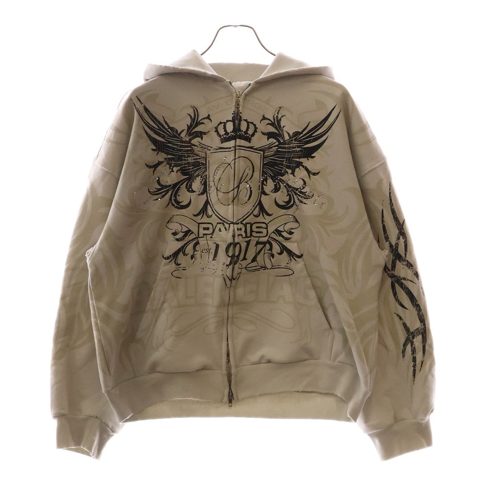 BALENCIAGA(バレンシアガ) 25SS REGULAR ZIP-UP HOODIE レギュラー ダメージ加工 ラインストーン ジップアップパーカー ブラック 803264 TRVR6
