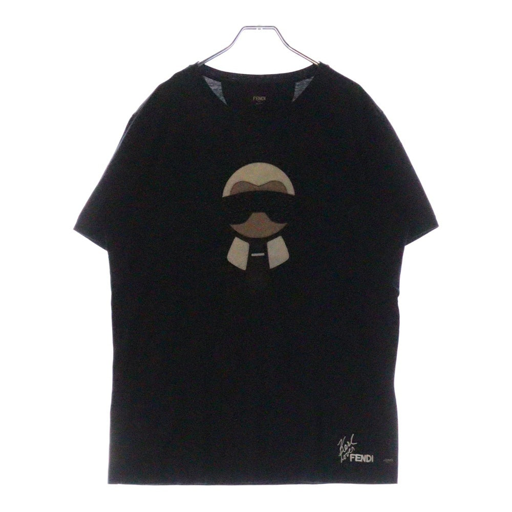 FENDI(フェンディ) 17SS Karl Loves カールリト レザーパッチ半袖Tシャツ ブラック FY0682 8CB