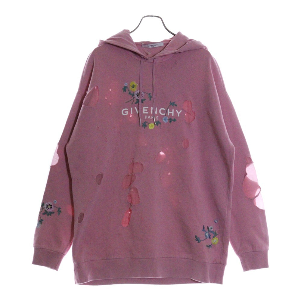 GIVENCHY(ジバンシィ) Embroidered Floral Destroyed Logo Hoodie フローラル刺繍 ダメージ加工 デストロイ プルオーバースウェットパーカー フーディー ピンク BW900C3Z2P