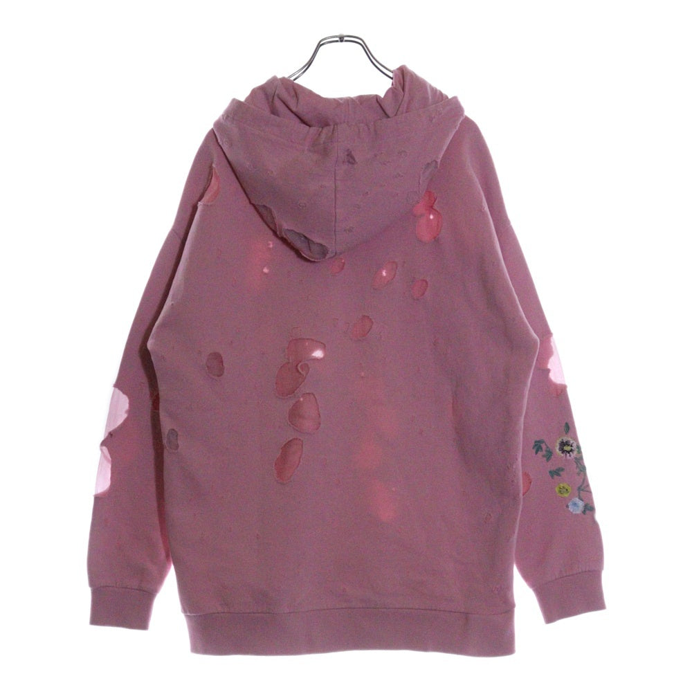 GIVENCHY(ジバンシィ) Embroidered Floral Destroyed Logo Hoodie フローラル刺繍 ダメージ加工 デストロイ プルオーバースウェットパーカー フーディー ピンク BW900C3Z2P