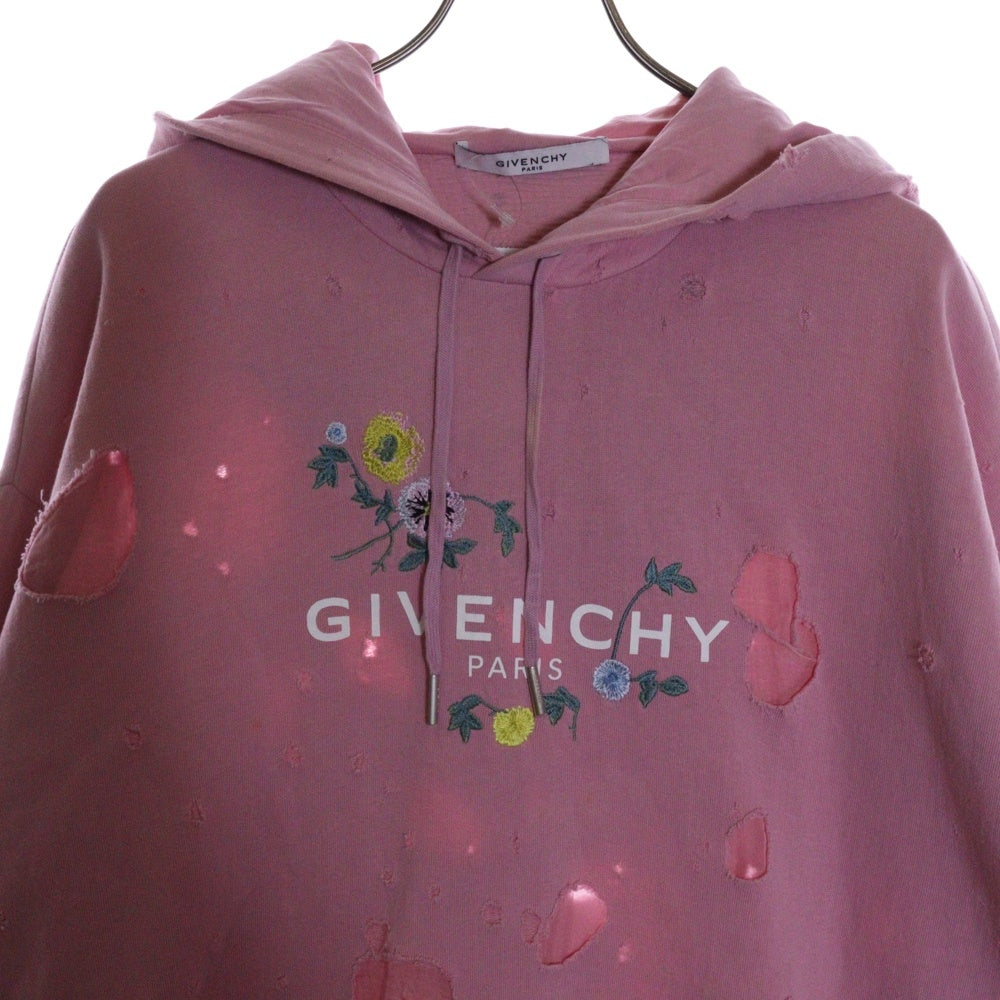 GIVENCHY(ジバンシィ) Embroidered Floral Destroyed Logo Hoodie フローラル刺繍 ダメージ加工 デストロイ プルオーバースウェットパーカー フーディー ピンク BW900C3Z2P
