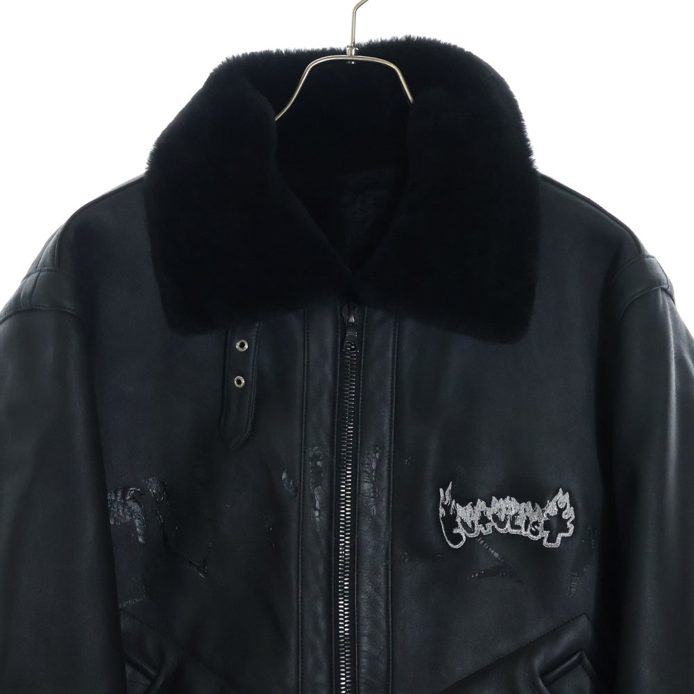 cvtvlist(カタリスト) Logo Embroidery Shearling Jacket ロゴ刺繍ムートンジャケット レザーボアジャケット ブラック