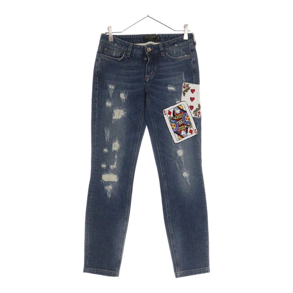DOLCE & GABBANA(ドルチェアンドガッバーナ) Jeans Blue Play Card Embroidery Skinny Denim Pants スパンコール装飾 トランプ ダメージ加工デニムパンツ スキニー インディゴ FTA45Z G886G