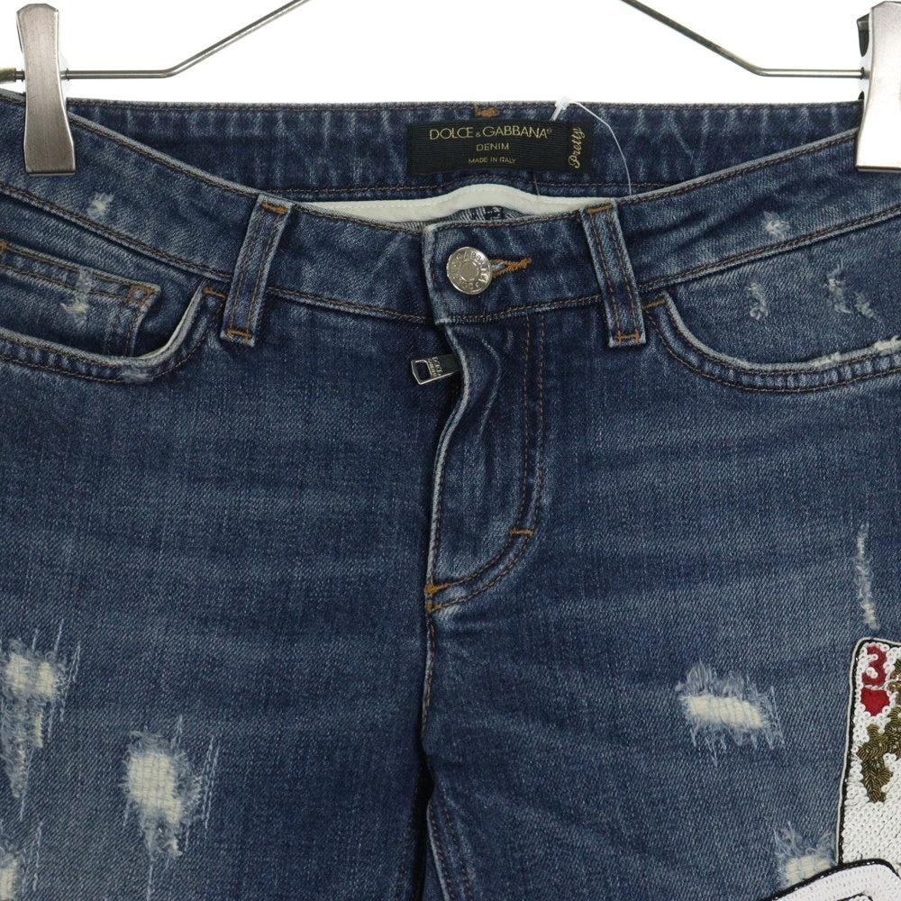DOLCE & GABBANA(ドルチェアンドガッバーナ) Jeans Blue Play Card Embroidery Skinny Denim Pants スパンコール装飾 トランプ ダメージ加工デニムパンツ スキニー インディゴ FTA45Z G886G