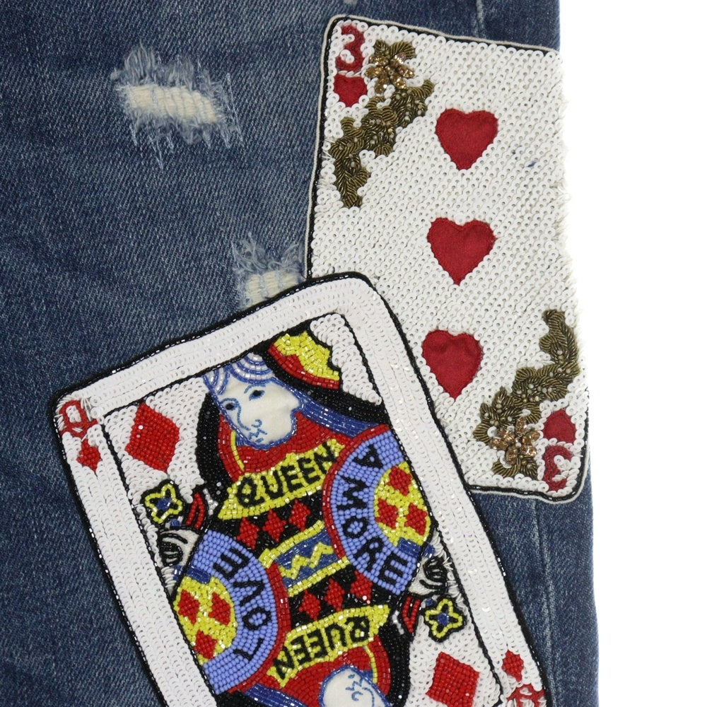 DOLCE & GABBANA(ドルチェアンドガッバーナ) Jeans Blue Play Card Embroidery Skinny Denim Pants スパンコール装飾 トランプ ダメージ加工デニムパンツ スキニー インディゴ FTA45Z G886G