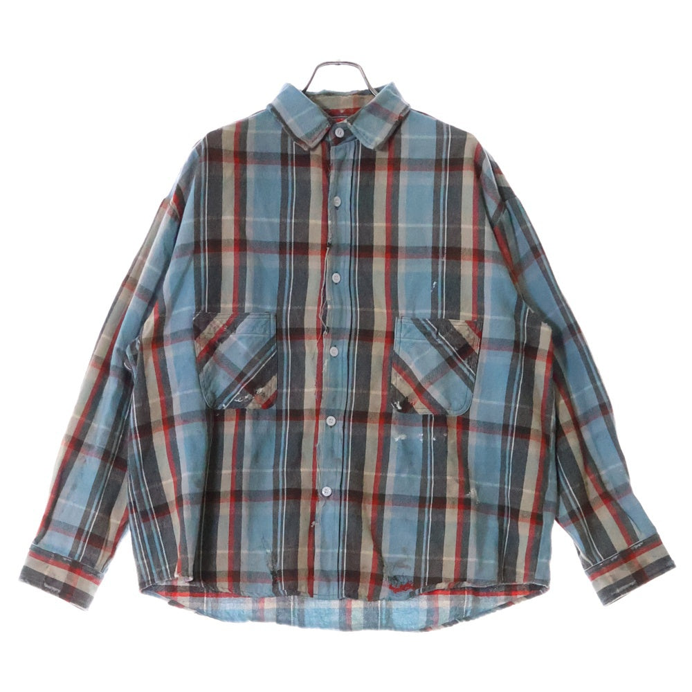 SAINT MICHAEL(セントマイケル) 25SS FLANNEL SHIRT ダメージ加工 長袖チェックシャツ ネルシャツ ブルー SM-HR8-0000-040