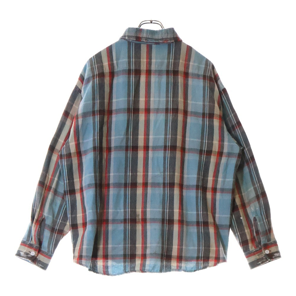 SAINT MICHAEL(セントマイケル) 25SS FLANNEL SHIRT ダメージ加工 長袖チェックシャツ ネルシャツ ブルー SM-HR8-0000-040