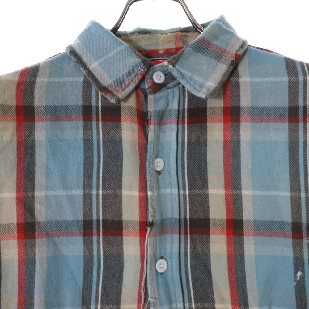 SAINT MICHAEL(セントマイケル) 25SS FLANNEL SHIRT ダメージ加工 長袖チェックシャツ ネルシャツ ブルー SM-HR8-0000-040