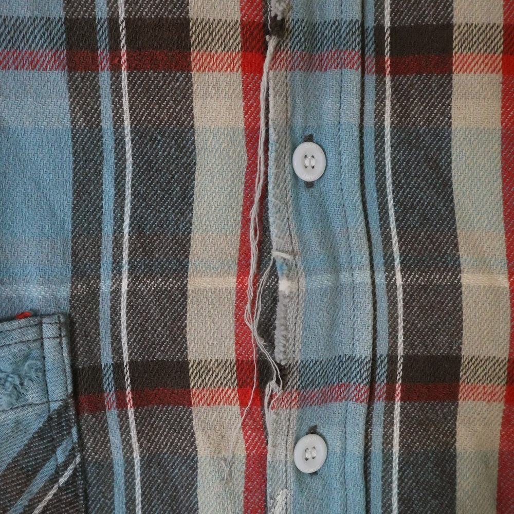 SAINT MICHAEL(セントマイケル) 25SS FLANNEL SHIRT ダメージ加工 長袖チェックシャツ ネルシャツ ブルー SM-HR8-0000-040