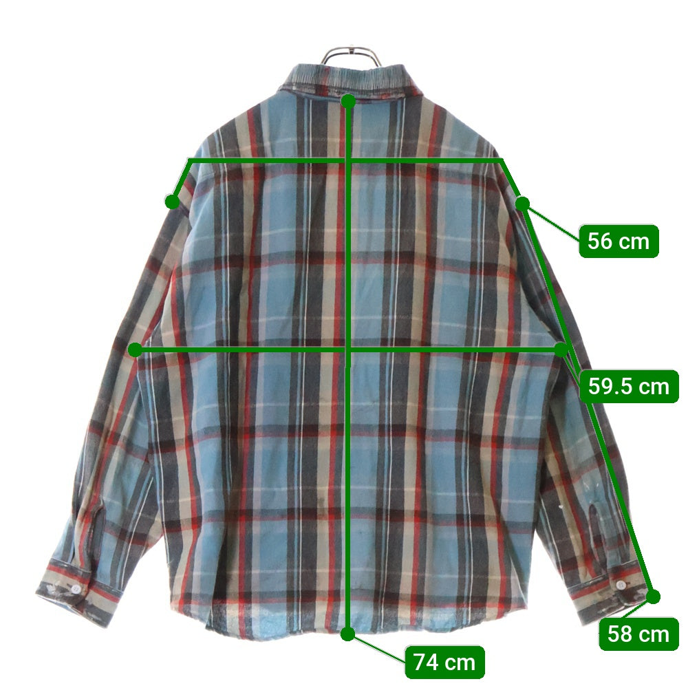 SAINT MICHAEL(セントマイケル) 25SS FLANNEL SHIRT ダメージ加工 長袖チェックシャツ ネルシャツ ブルー SM-HR8-0000-040