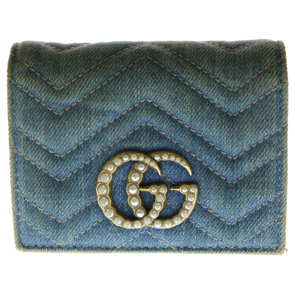 GUCCI(グッチ) GG マーモント キルティングデニム コンパクトウォレット レディース二つ折り財布 466492 ブルー