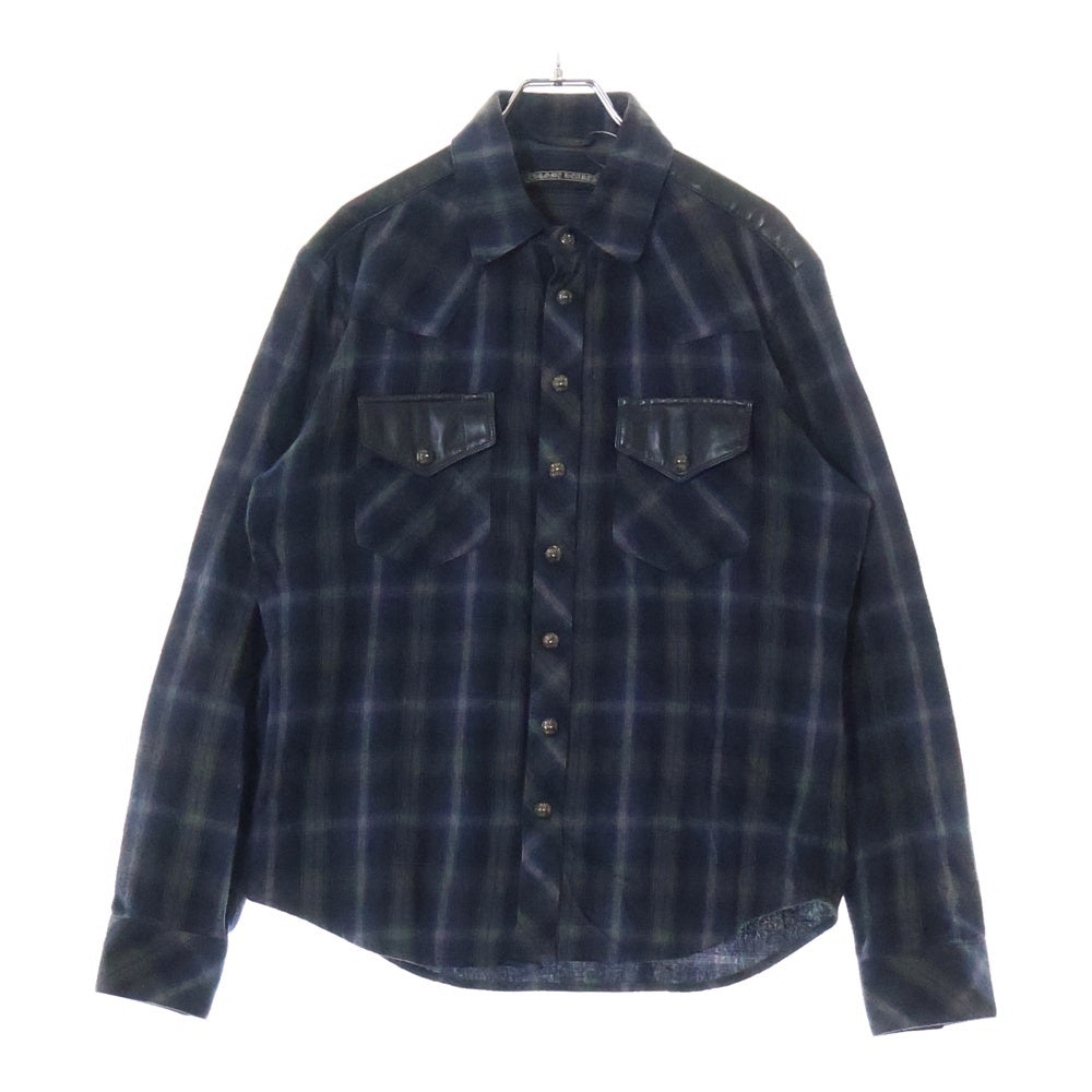 CHROME HEARTS(クロムハーツ) WESTN ウエスタンボタン 袖クロスパッチレザー 切替クロスボールボタンチェック長袖シャツ ブラック/ネイビー