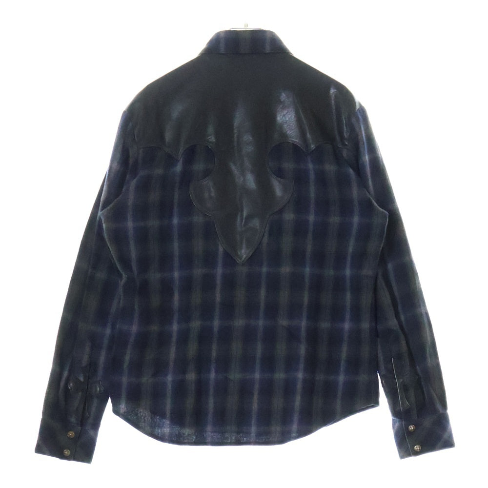 CHROME HEARTS(クロムハーツ) WESTN ウエスタンボタン 袖クロスパッチレザー 切替クロスボールボタンチェック長袖シャツ ブラック/ネイビー