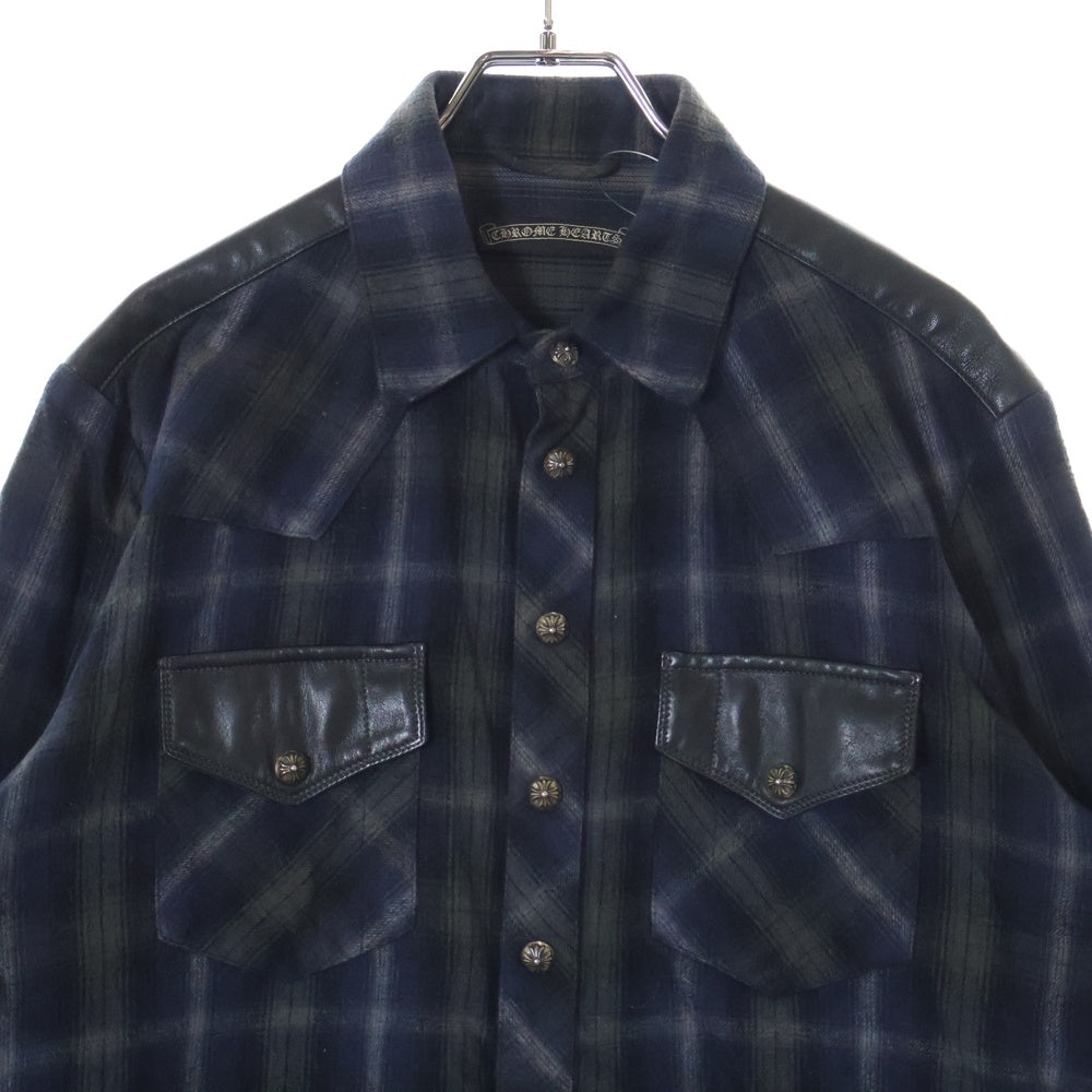 CHROME HEARTS(クロムハーツ) WESTN ウエスタンボタン 袖クロスパッチレザー 切替クロスボールボタンチェック長袖シャツ ブラック/ネイビー