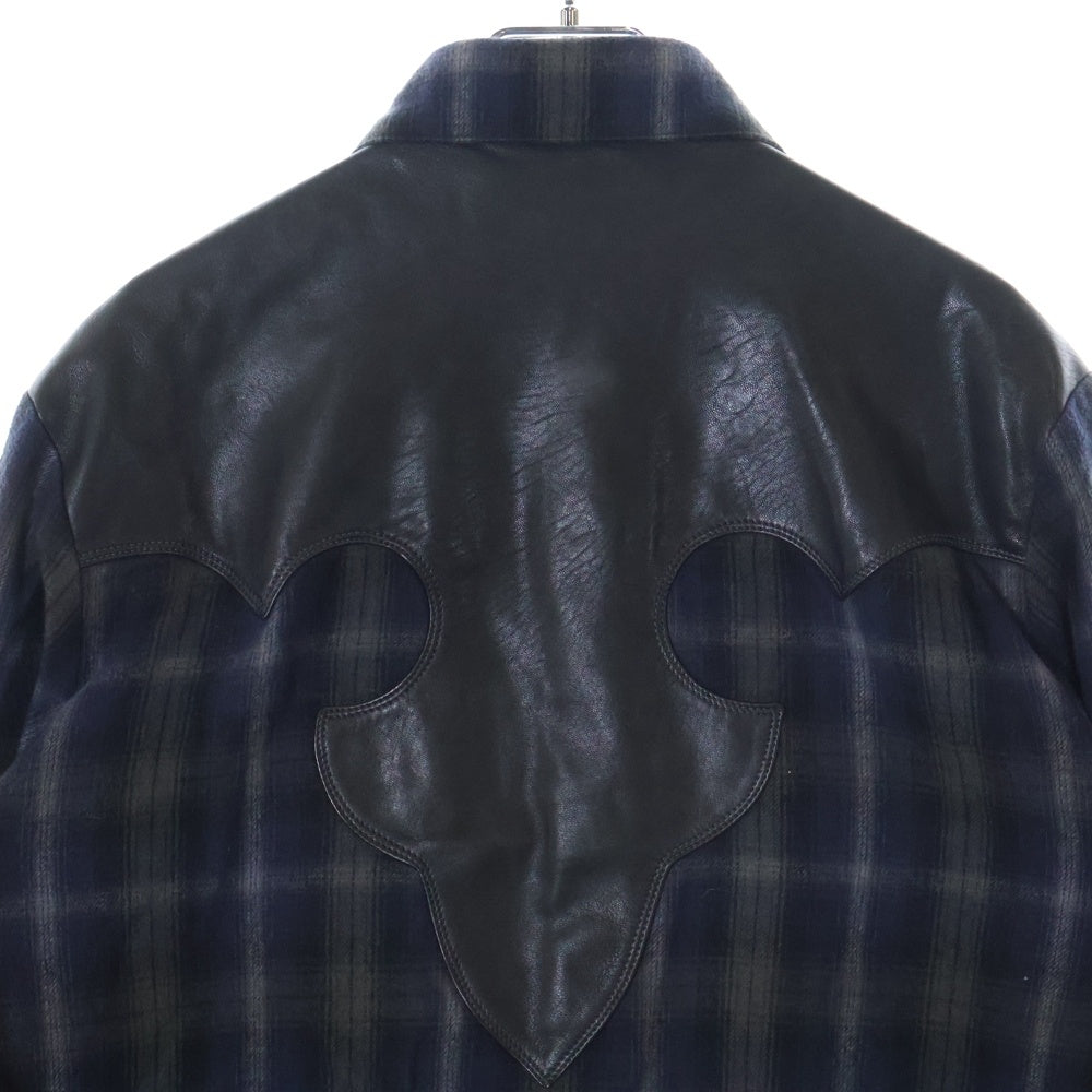 CHROME HEARTS(クロムハーツ) WESTN ウエスタンボタン 袖クロスパッチレザー 切替クロスボールボタンチェック長袖シャツ ブラック/ネイビー