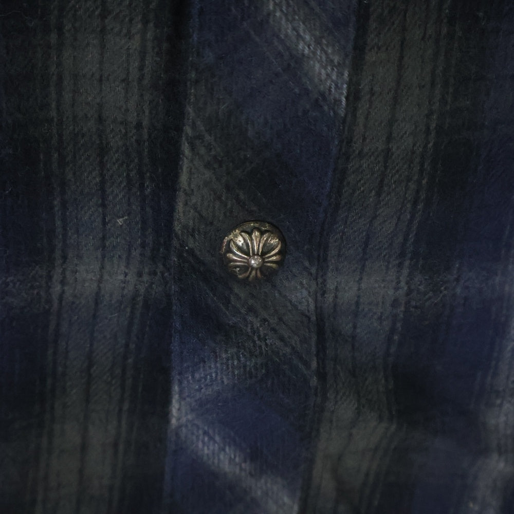 CHROME HEARTS(クロムハーツ) WESTN ウエスタンボタン 袖クロスパッチレザー 切替クロスボールボタンチェック長袖シャツ ブラック/ネイビー