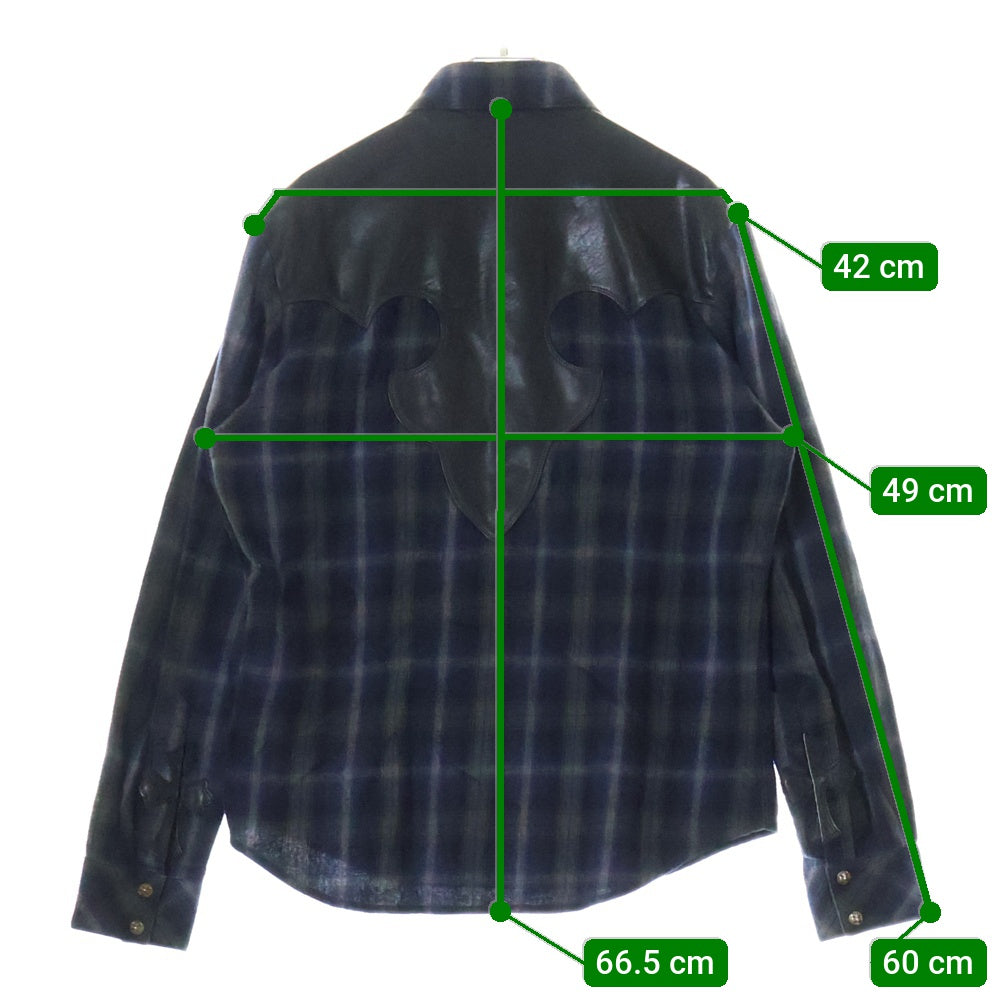 CHROME HEARTS(クロムハーツ) WESTN ウエスタンボタン 袖クロスパッチレザー 切替クロスボールボタンチェック長袖シャツ ブラック/ネイビー