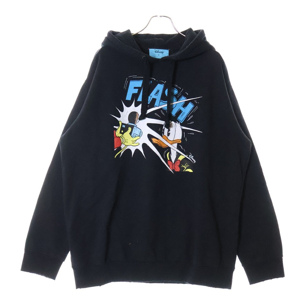 GUCCI(グッチ) 21SS ×Disney Donald Duck Hoodie ディズニー キャラクタープリント ダメージ加工 プルオーバースウェットパーカー ブラック 623244 XJDAI