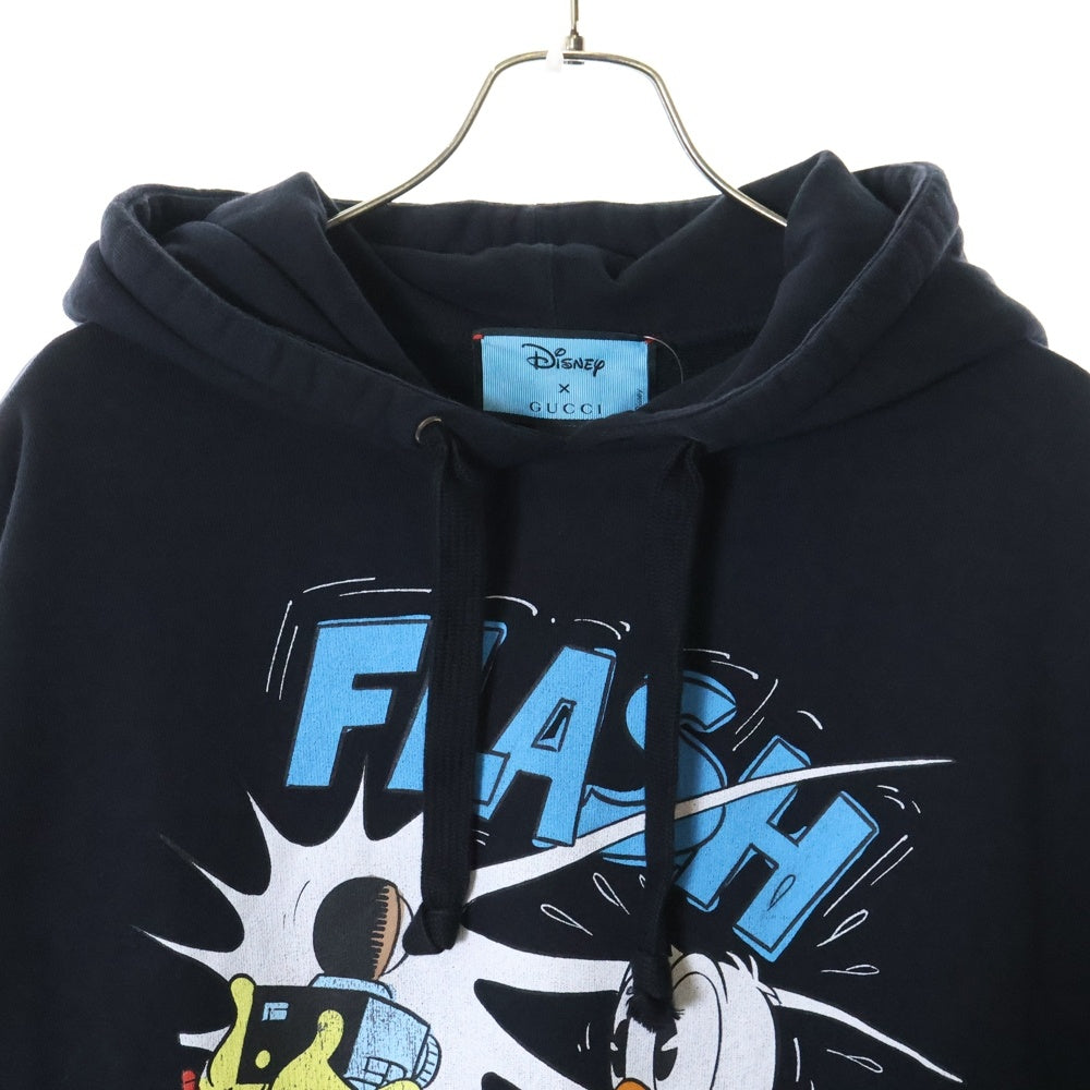 GUCCI(グッチ) 21SS ×Disney Donald Duck Hoodie ディズニー キャラクタープリント ダメージ加工 プルオーバースウェットパーカー ブラック 623244 XJDAI