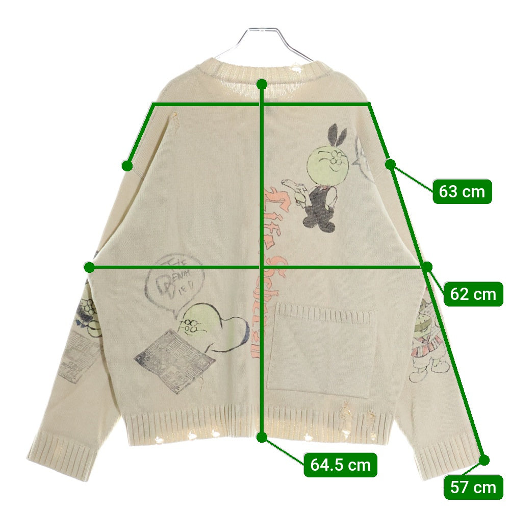 KAPITAL(キャピタル) 25SS Distressed Printed Cotton Sweater 5G綿ニット メモリアルペイント クルーネックニットセーター アイボリー K2503KN085