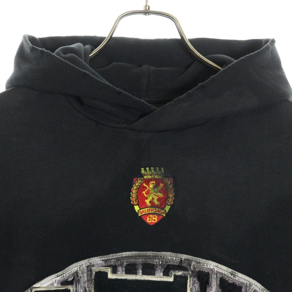 BALENCIAGA(バレンシアガ) 23SS SKATER HOODIE クラッシュダスト加工 ワッペン スウェット プルオーバーパーカー ブラック 739024 T0VN3