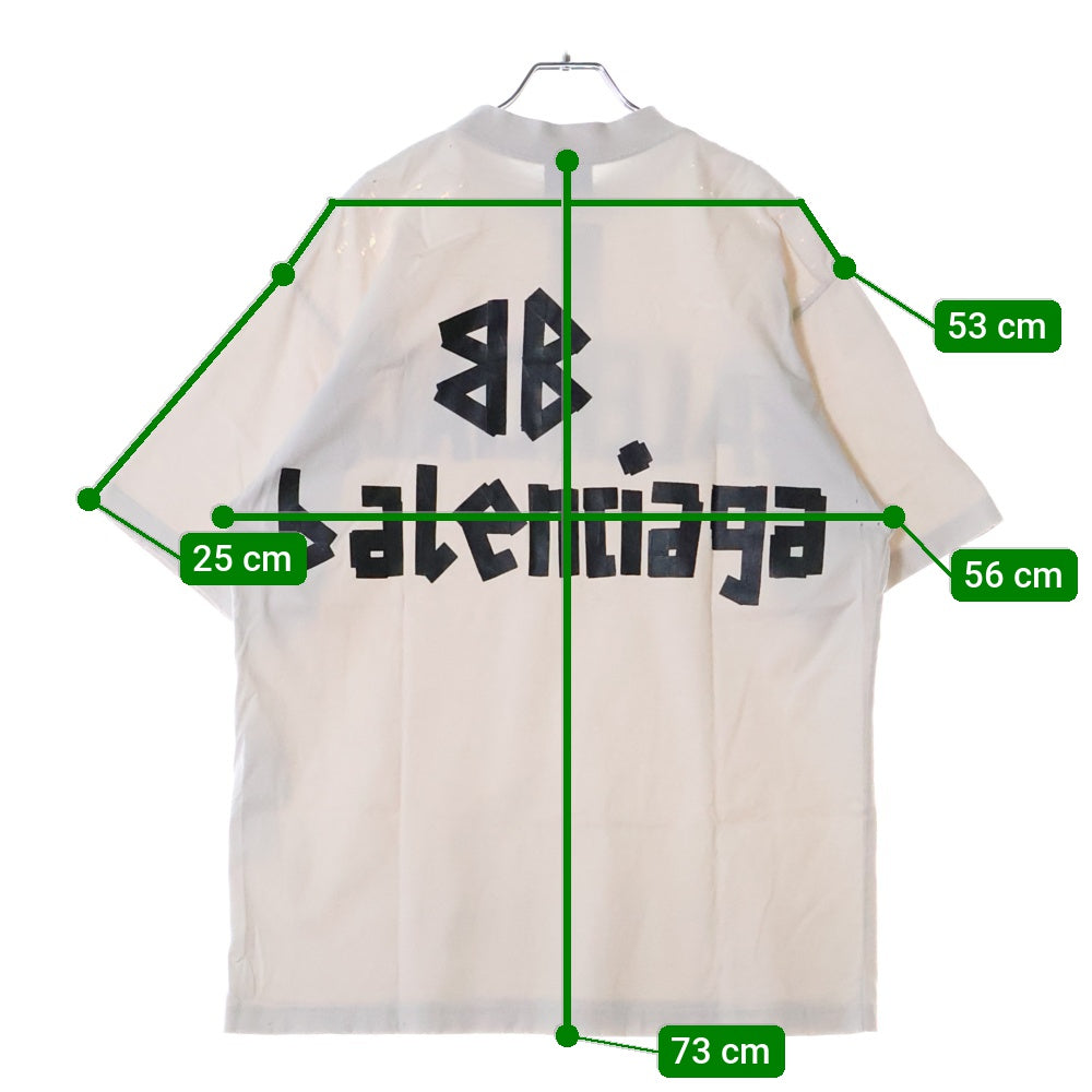 BALENCIAGA(バレンシアガ) 23SS TAPE MEDIUM FIT T-SHIRT ミディアムフィット ダメージ加工 テープロゴ クルーネック 半袖Tシャツ カットソー ホワイト 739784 TQVQ8