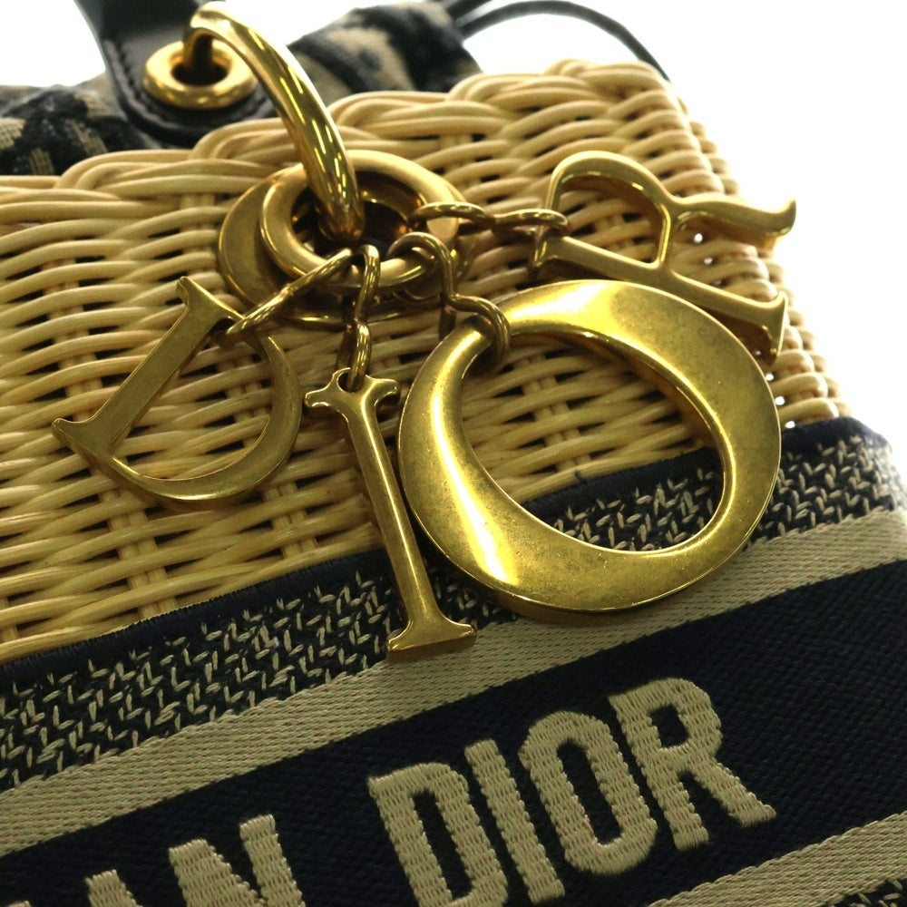 Christian Dior(クリスチャンディオール) LADY DIOR ミディアム ウィッカー かごバッグ ネイビー/ブラウン